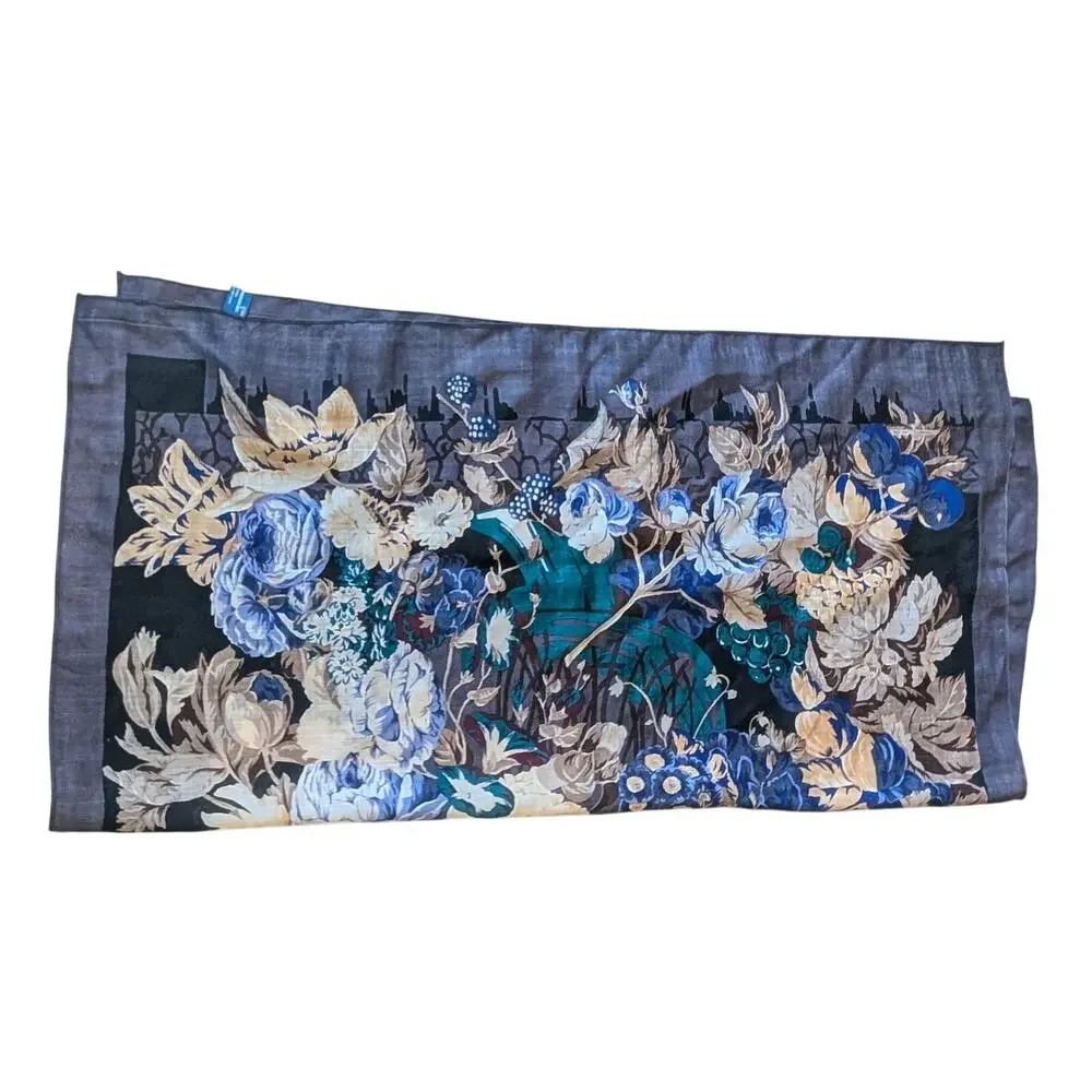 Vintage 1988 Ginnie Johansen Wool Floral Scarf 34 × 34 Square Wrap